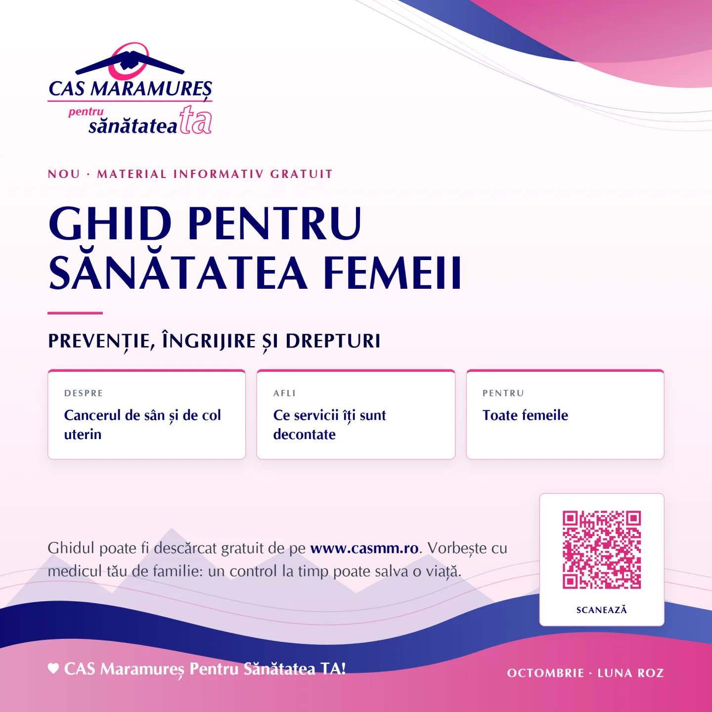 Afișul Ghidului pentru Sănătatea Femeii: prevenție, îngrijire și drepturi, cu codul QR pentru descărcare